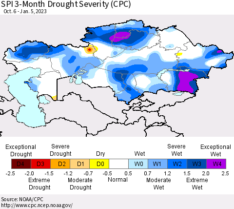 Kazakhstan SPI 3-Month Drought Severity (CPC) Thematic Map For 10/6/2022 - 1/5/2023