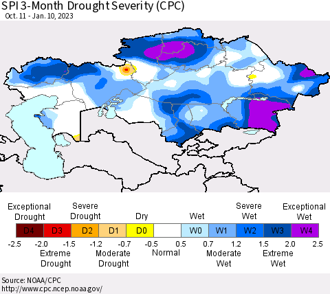 Kazakhstan SPI 3-Month Drought Severity (CPC) Thematic Map For 10/11/2022 - 1/10/2023