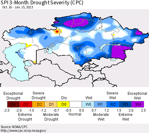 Kazakhstan SPI 3-Month Drought Severity (CPC) Thematic Map For 10/16/2022 - 1/15/2023