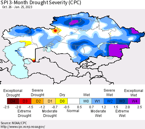 Kazakhstan SPI 3-Month Drought Severity (CPC) Thematic Map For 10/26/2022 - 1/25/2023