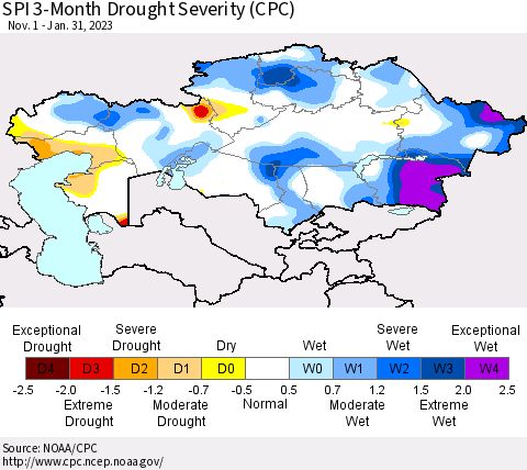 Kazakhstan SPI 3-Month Drought Severity (CPC) Thematic Map For 11/1/2022 - 1/31/2023