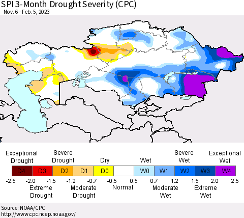 Kazakhstan SPI 3-Month Drought Severity (CPC) Thematic Map For 11/6/2022 - 2/5/2023