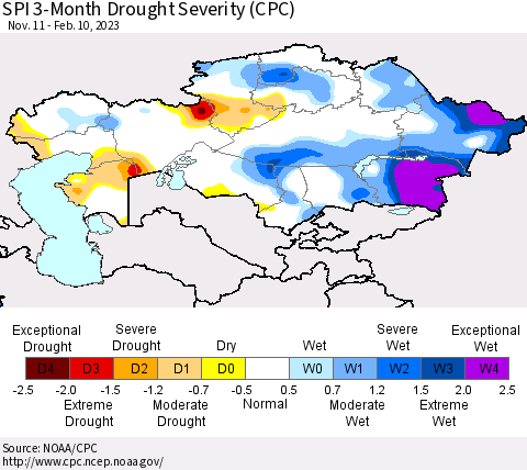 Kazakhstan SPI 3-Month Drought Severity (CPC) Thematic Map For 11/11/2022 - 2/10/2023