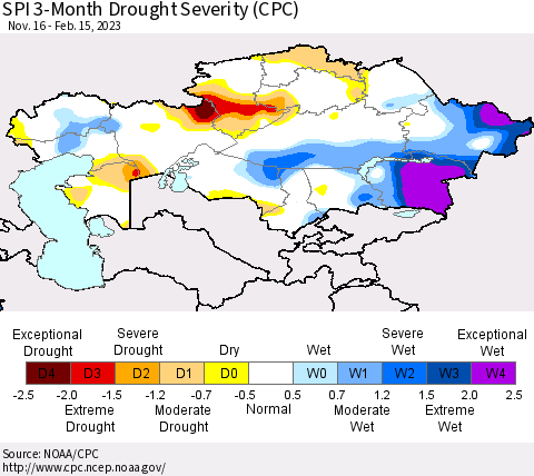 Kazakhstan SPI 3-Month Drought Severity (CPC) Thematic Map For 11/16/2022 - 2/15/2023