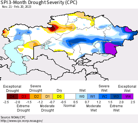 Kazakhstan SPI 3-Month Drought Severity (CPC) Thematic Map For 11/21/2022 - 2/20/2023