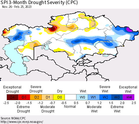 Kazakhstan SPI 3-Month Drought Severity (CPC) Thematic Map For 11/26/2022 - 2/25/2023