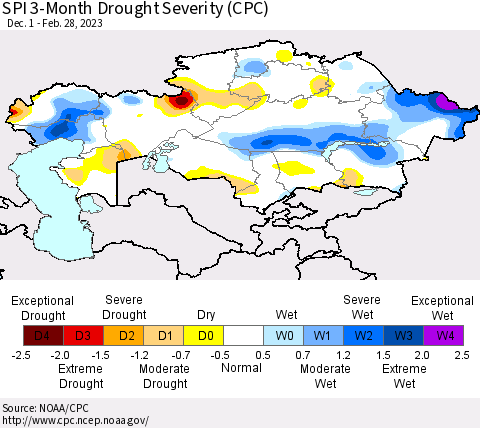Kazakhstan SPI 3-Month Drought Severity (CPC) Thematic Map For 12/1/2022 - 2/28/2023