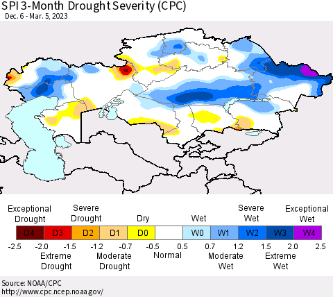 Kazakhstan SPI 3-Month Drought Severity (CPC) Thematic Map For 12/6/2022 - 3/5/2023
