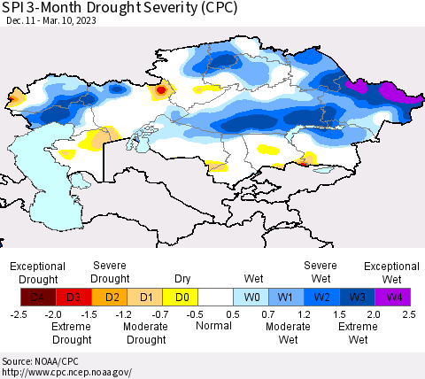 Kazakhstan SPI 3-Month Drought Severity (CPC) Thematic Map For 12/11/2022 - 3/10/2023