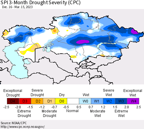 Kazakhstan SPI 3-Month Drought Severity (CPC) Thematic Map For 12/16/2022 - 3/15/2023