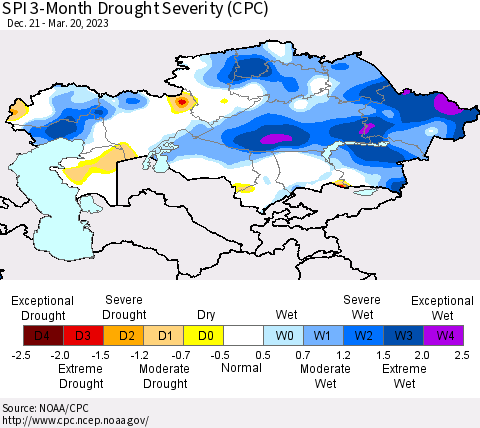 Kazakhstan SPI 3-Month Drought Severity (CPC) Thematic Map For 12/21/2022 - 3/20/2023