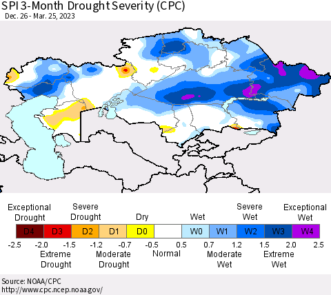 Kazakhstan SPI 3-Month Drought Severity (CPC) Thematic Map For 12/26/2022 - 3/25/2023
