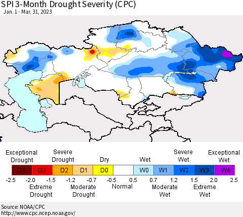 Kazakhstan SPI 3-Month Drought Severity (CPC) Thematic Map For 1/1/2023 - 3/31/2023