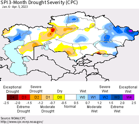 Kazakhstan SPI 3-Month Drought Severity (CPC) Thematic Map For 1/6/2023 - 4/5/2023