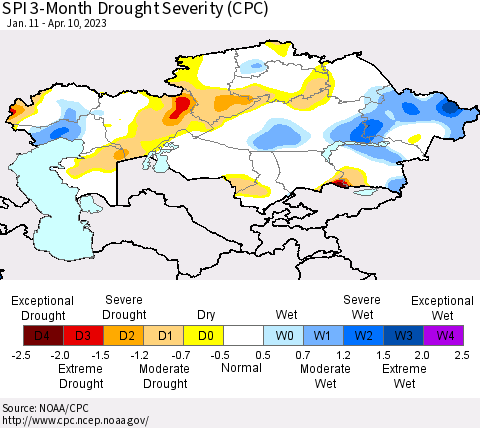Kazakhstan SPI 3-Month Drought Severity (CPC) Thematic Map For 1/11/2023 - 4/10/2023