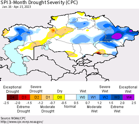 Kazakhstan SPI 3-Month Drought Severity (CPC) Thematic Map For 1/16/2023 - 4/15/2023