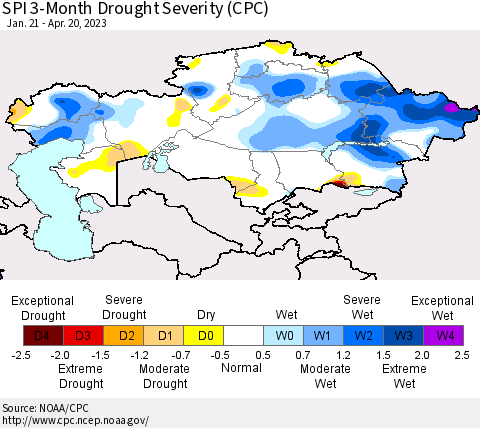 Kazakhstan SPI 3-Month Drought Severity (CPC) Thematic Map For 1/21/2023 - 4/20/2023