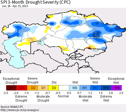 Kazakhstan SPI 3-Month Drought Severity (CPC) Thematic Map For 1/26/2023 - 4/25/2023