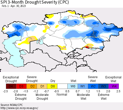 Kazakhstan SPI 3-Month Drought Severity (CPC) Thematic Map For 2/1/2023 - 4/30/2023