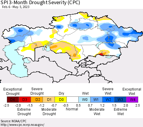 Kazakhstan SPI 3-Month Drought Severity (CPC) Thematic Map For 2/6/2023 - 5/5/2023