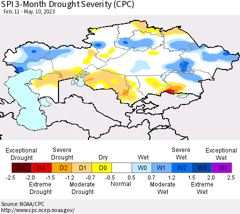 Kazakhstan SPI 3-Month Drought Severity (CPC) Thematic Map For 2/11/2023 - 5/10/2023