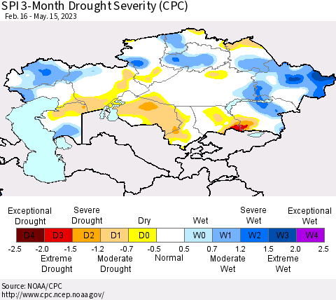 Kazakhstan SPI 3-Month Drought Severity (CPC) Thematic Map For 2/16/2023 - 5/15/2023
