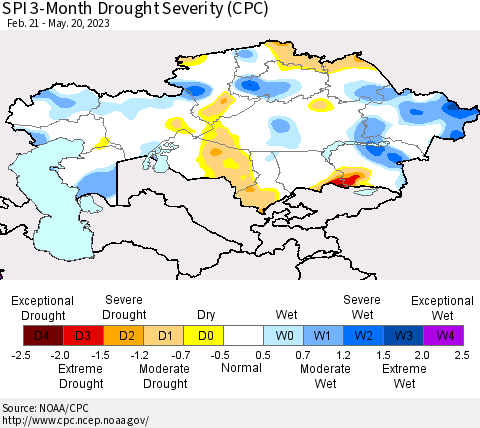 Kazakhstan SPI 3-Month Drought Severity (CPC) Thematic Map For 2/21/2023 - 5/20/2023