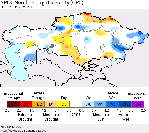 Kazakhstan SPI 3-Month Drought Severity (CPC) Thematic Map For 2/26/2023 - 5/25/2023