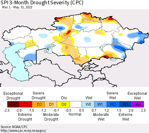Kazakhstan SPI 3-Month Drought Severity (CPC) Thematic Map For 3/1/2023 - 5/31/2023