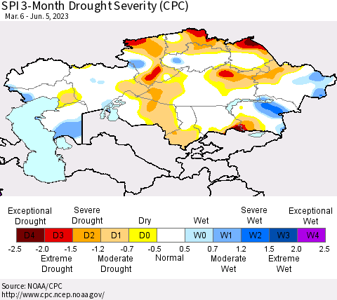 Kazakhstan SPI 3-Month Drought Severity (CPC) Thematic Map For 3/6/2023 - 6/5/2023