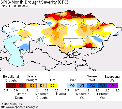 Kazakhstan SPI 3-Month Drought Severity (CPC) Thematic Map For 3/11/2023 - 6/10/2023