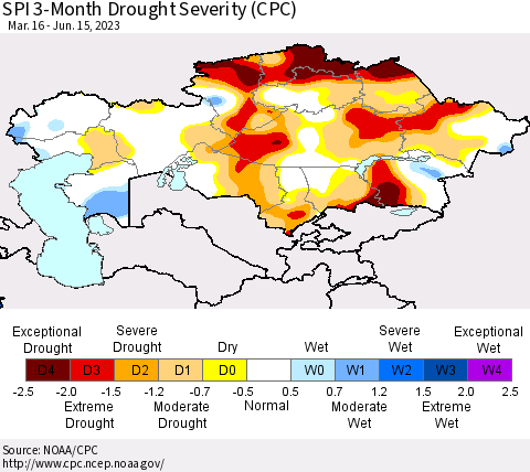 Kazakhstan SPI 3-Month Drought Severity (CPC) Thematic Map For 3/16/2023 - 6/15/2023