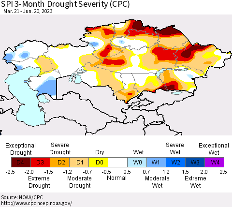 Kazakhstan SPI 3-Month Drought Severity (CPC) Thematic Map For 3/21/2023 - 6/20/2023