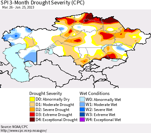 Kazakhstan SPI 3-Month Drought Severity (CPC) Thematic Map For 3/26/2023 - 6/25/2023