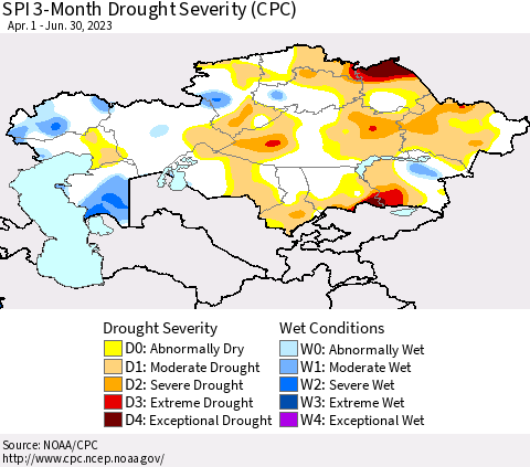 Kazakhstan SPI 3-Month Drought Severity (CPC) Thematic Map For 4/1/2023 - 6/30/2023