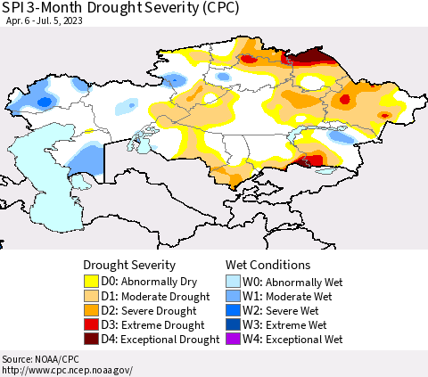 Kazakhstan SPI 3-Month Drought Severity (CPC) Thematic Map For 4/6/2023 - 7/5/2023