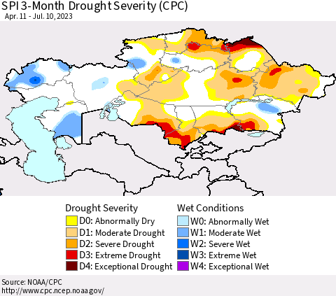 Kazakhstan SPI 3-Month Drought Severity (CPC) Thematic Map For 4/11/2023 - 7/10/2023