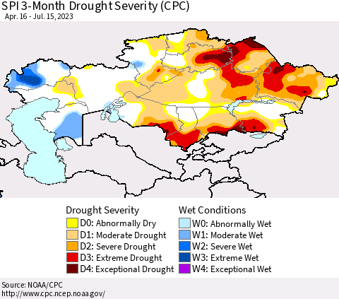 Kazakhstan SPI 3-Month Drought Severity (CPC) Thematic Map For 4/16/2023 - 7/15/2023