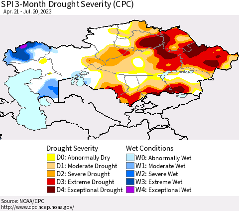 Kazakhstan SPI 3-Month Drought Severity (CPC) Thematic Map For 4/21/2023 - 7/20/2023