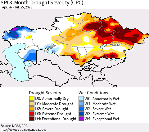 Kazakhstan SPI 3-Month Drought Severity (CPC) Thematic Map For 4/26/2023 - 7/25/2023