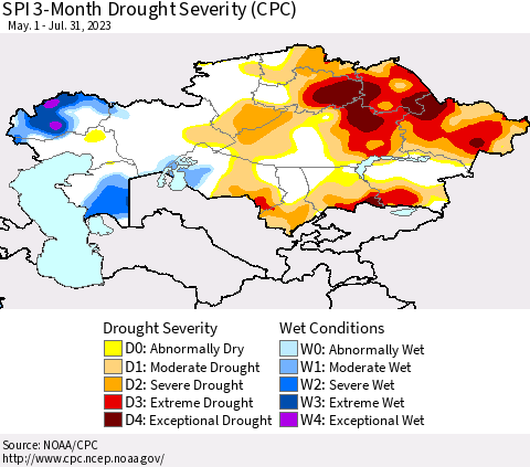 Kazakhstan SPI 3-Month Drought Severity (CPC) Thematic Map For 5/1/2023 - 7/31/2023