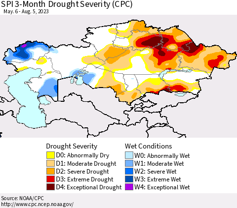 Kazakhstan SPI 3-Month Drought Severity (CPC) Thematic Map For 5/6/2023 - 8/5/2023