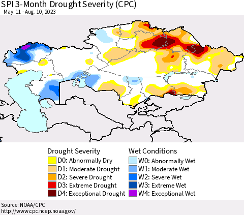 Kazakhstan SPI 3-Month Drought Severity (CPC) Thematic Map For 5/11/2023 - 8/10/2023