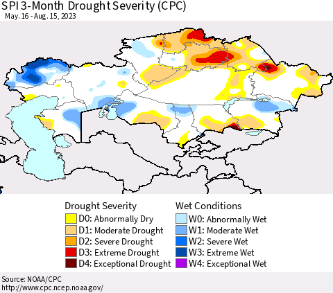 Kazakhstan SPI 3-Month Drought Severity (CPC) Thematic Map For 5/16/2023 - 8/15/2023