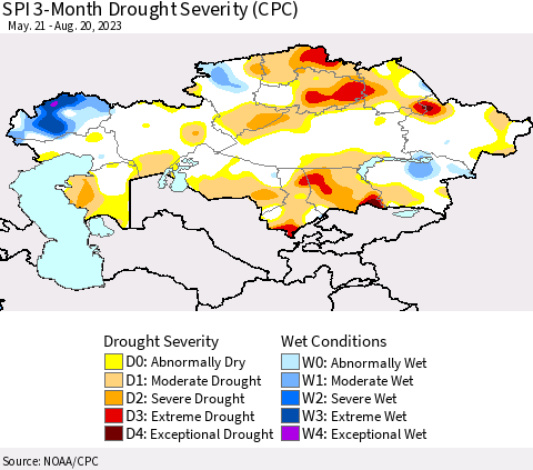 Kazakhstan SPI 3-Month Drought Severity (CPC) Thematic Map For 5/21/2023 - 8/20/2023