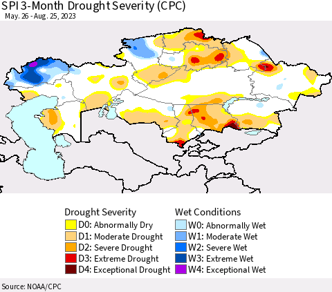 Kazakhstan SPI 3-Month Drought Severity (CPC) Thematic Map For 5/26/2023 - 8/25/2023