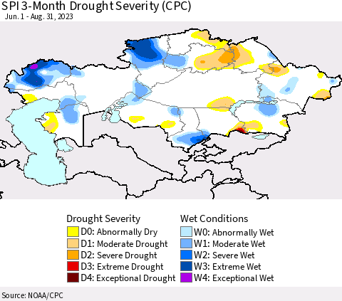 Kazakhstan SPI 3-Month Drought Severity (CPC) Thematic Map For 6/1/2023 - 8/31/2023
