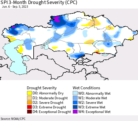 Kazakhstan SPI 3-Month Drought Severity (CPC) Thematic Map For 6/6/2023 - 9/5/2023