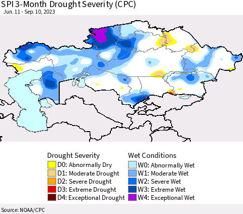 Kazakhstan SPI 3-Month Drought Severity (CPC) Thematic Map For 6/11/2023 - 9/10/2023