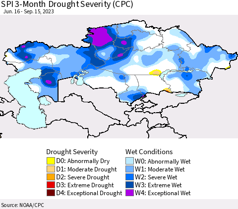 Kazakhstan SPI 3-Month Drought Severity (CPC) Thematic Map For 6/16/2023 - 9/15/2023